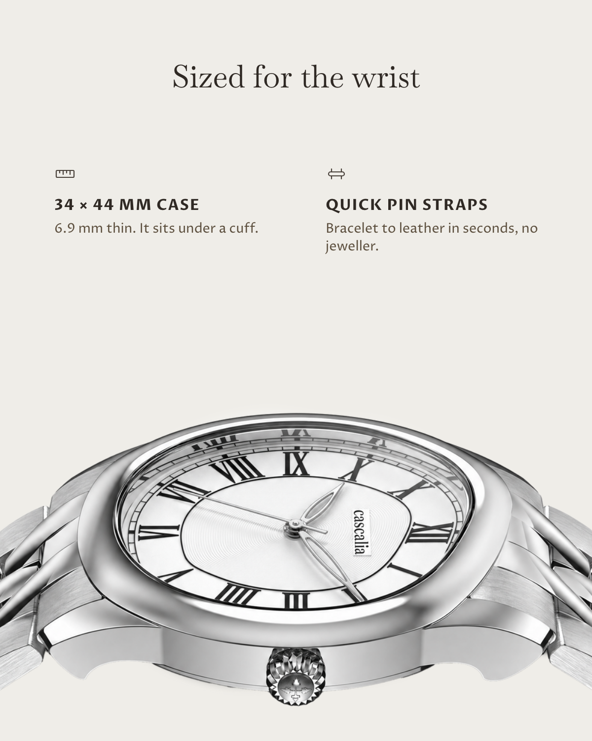 Tero Steel White: 34 × 44 mm case, 6.9 mm thick
