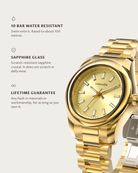 Vela Gold Diamond: 10 bar water resistant, sapphire glass, lifetime guarantee