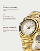 Vela Gold: 10 bar water resistant, sapphire glass, lifetime guarantee