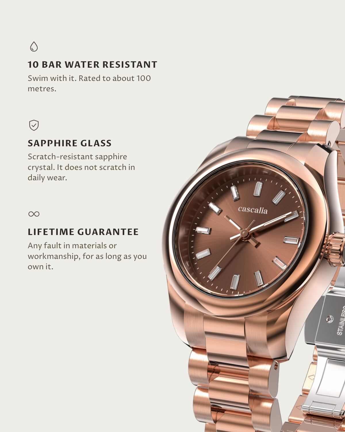 Vela Rosegold Diamond: 10 bar water resistant, sapphire glass, lifetime guarantee