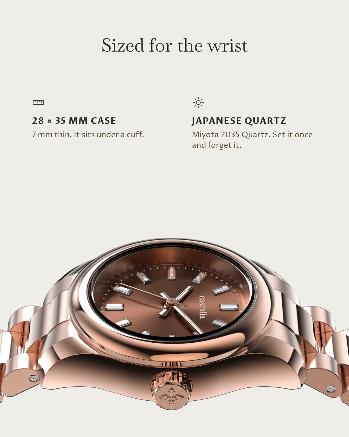 Vela Rosegold Diamond: 28 × 35 mm case, 7 mm thick