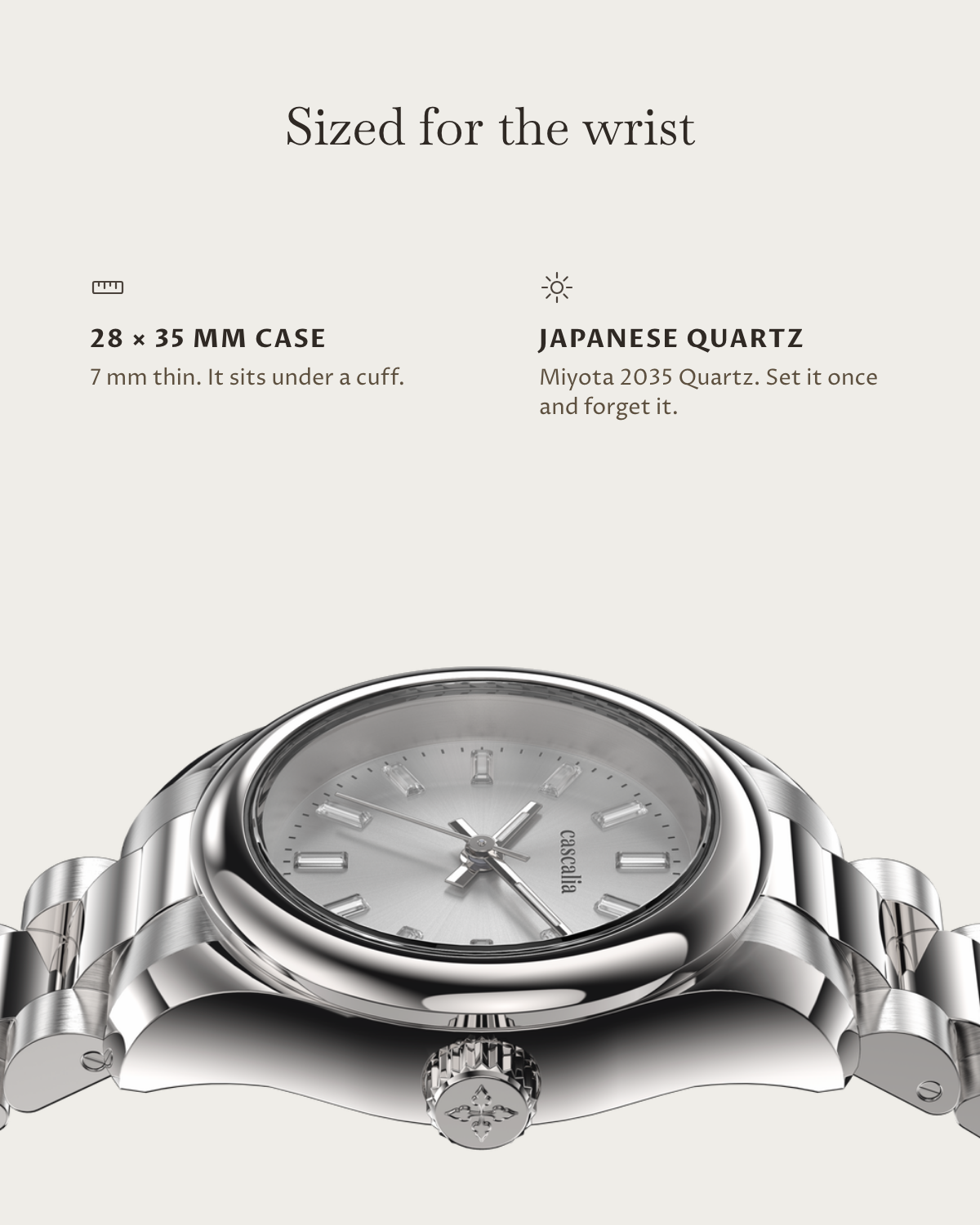 Vela Steel Diamond: 28 × 35 mm case, 7 mm thick