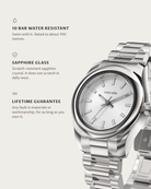 Vela Steel: 10 bar water resistant, sapphire glass, lifetime guarantee