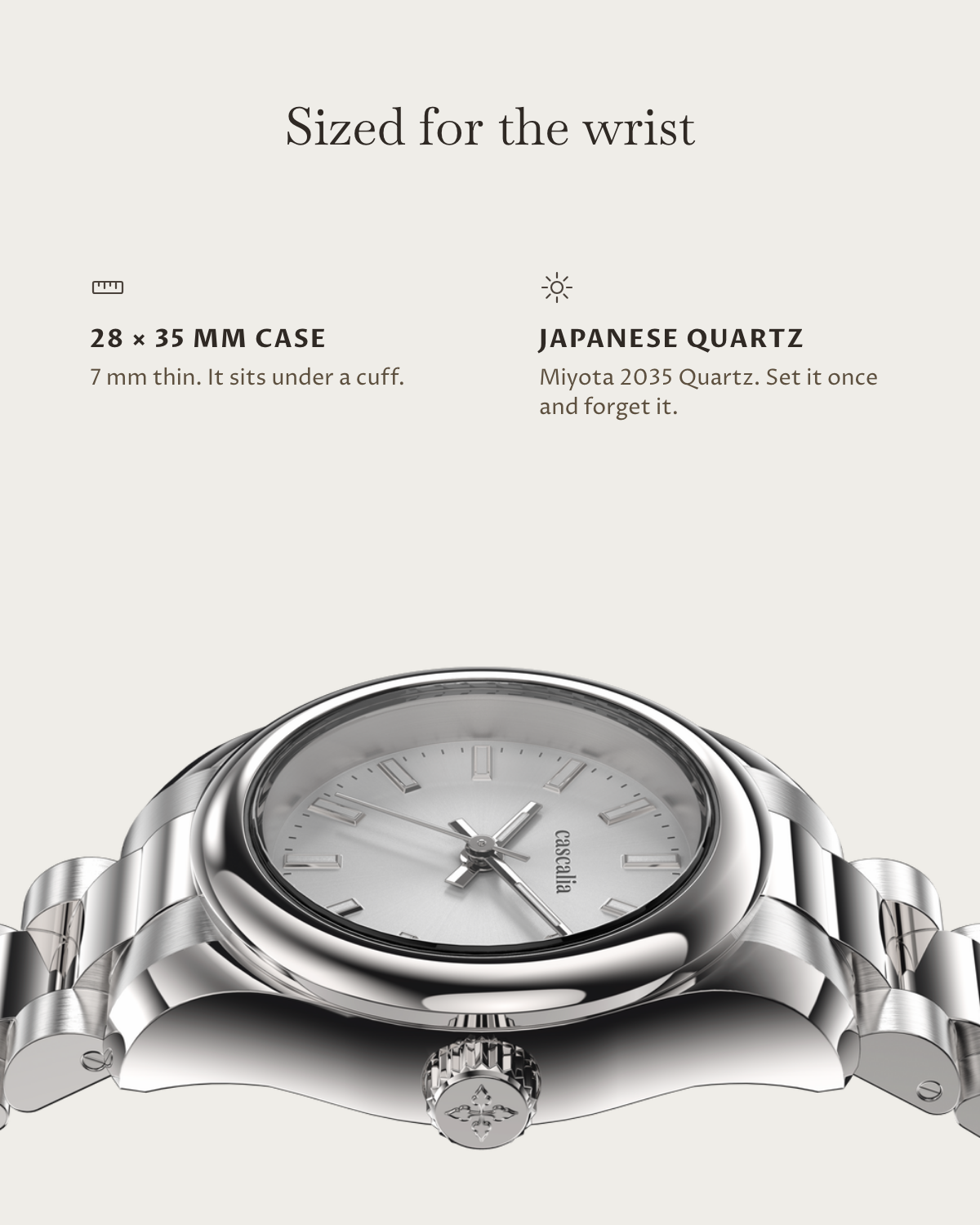 Vela Steel: 28 × 35 mm case, 7 mm thick