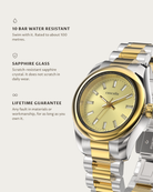 Vela two tone Diamond: 10 bar water resistant, sapphire glass, lifetime guarantee
