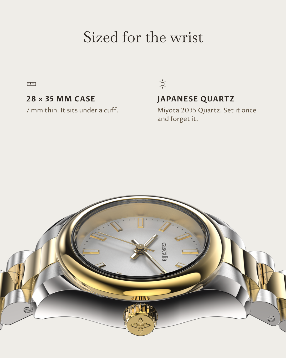 Vela two tone: 28 × 35 mm case, 7 mm thick