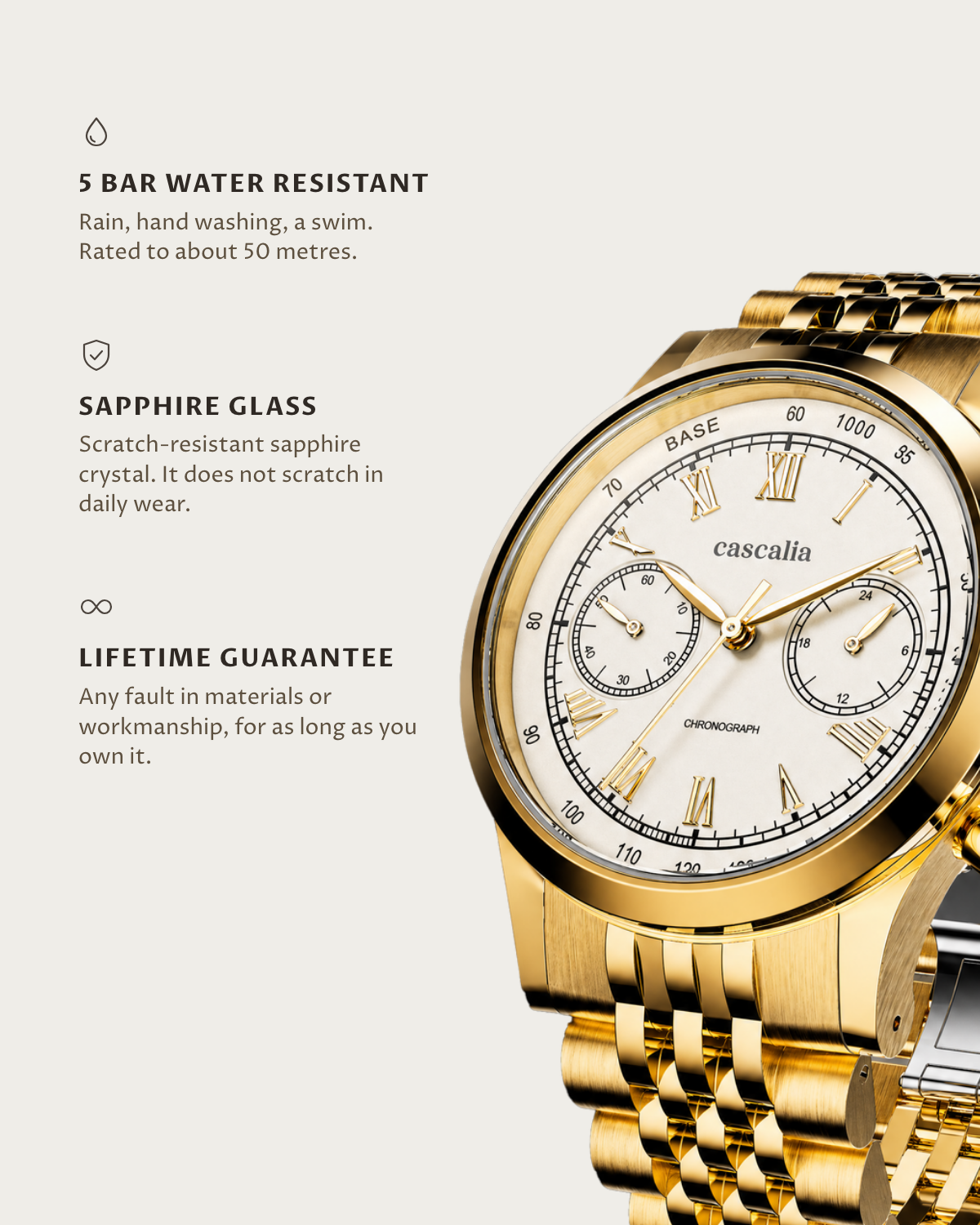 Velo Gold: 5 bar water resistant, sapphire glass, lifetime guarantee