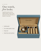 Velo Gold in the box: gold bracelet, four Italian leather straps, watch box and travel box