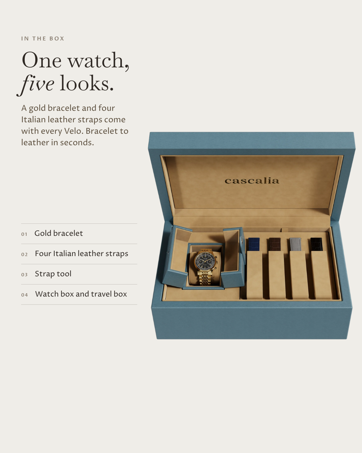Velo Gold in the box: gold bracelet, four Italian leather straps, watch box and travel box