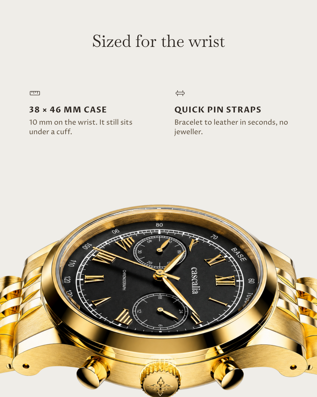 Velo Gold: 38 × 46 mm case, 10 mm thick