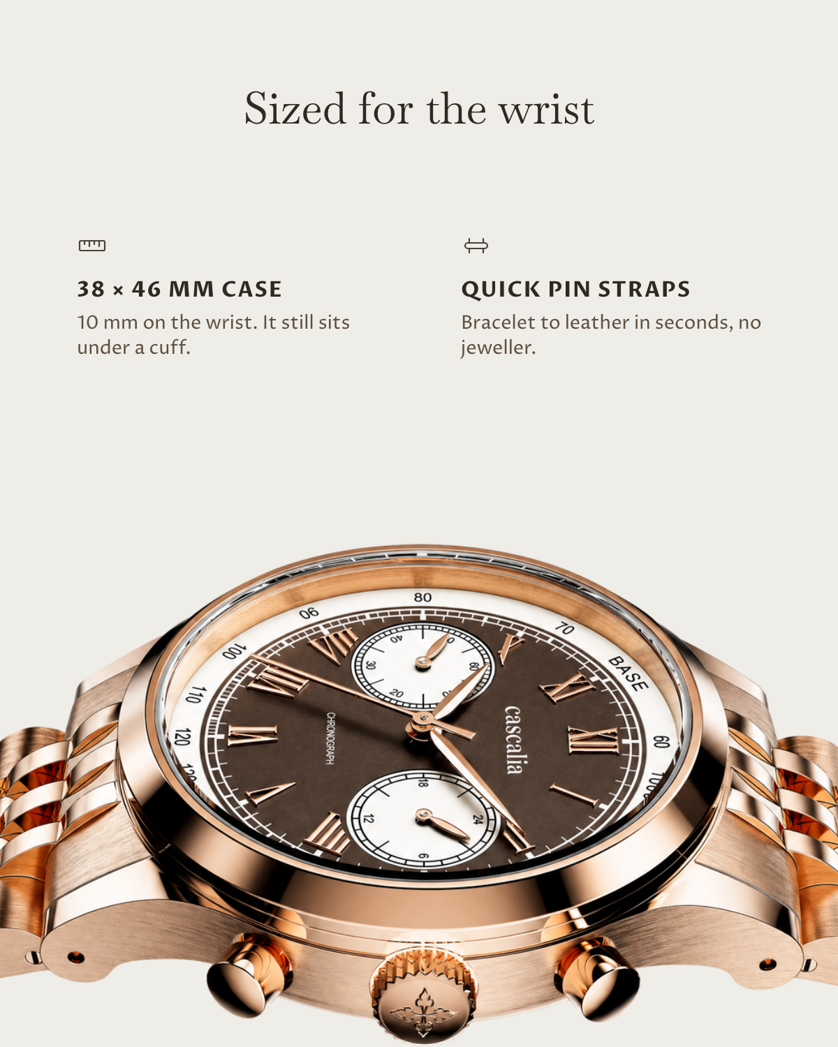 Velo Rosegold: 38 × 46 mm case, 10 mm thick