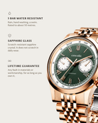 Velo Rosegold: 5 bar water resistant, sapphire glass, lifetime guarantee