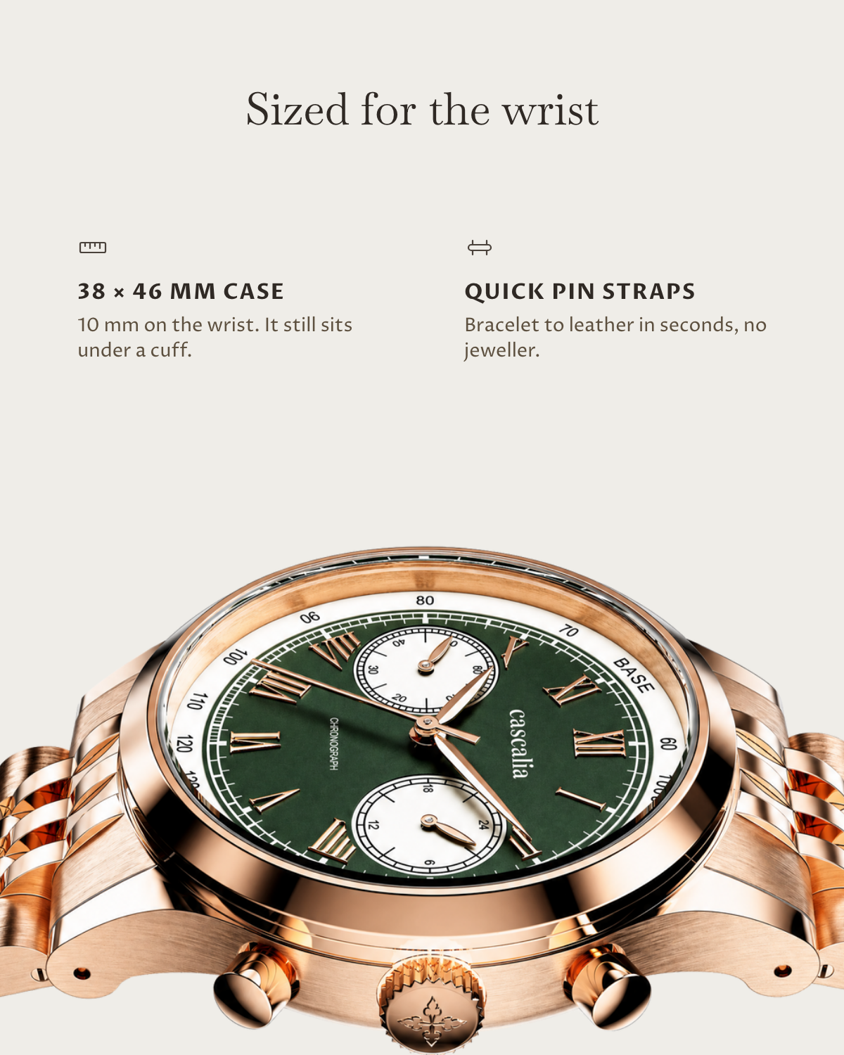 Velo Rosegold: 38 × 46 mm case, 10 mm thick