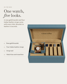 Velo Rosegold in the box: rose gold bracelet, four Italian leather straps, watch box and travel box