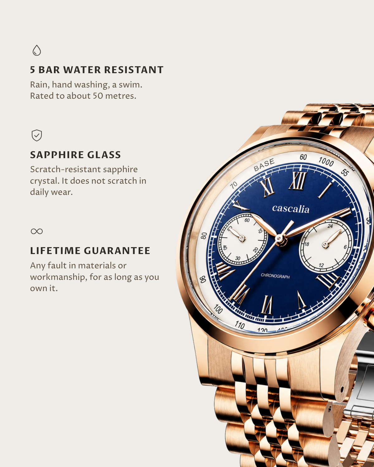 Velo Rosegold: 5 bar water resistant, sapphire glass, lifetime guarantee