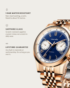 Velo Rosegold: 5 bar water resistant, sapphire glass, lifetime guarantee