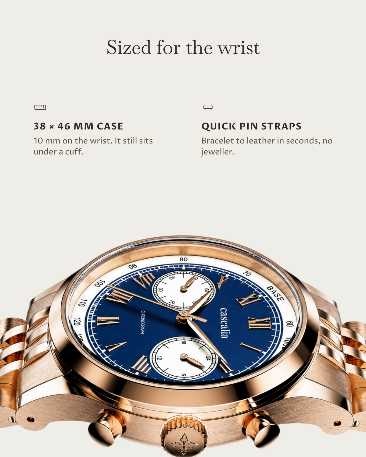 Velo Rosegold: 38 × 46 mm case, 10 mm thick