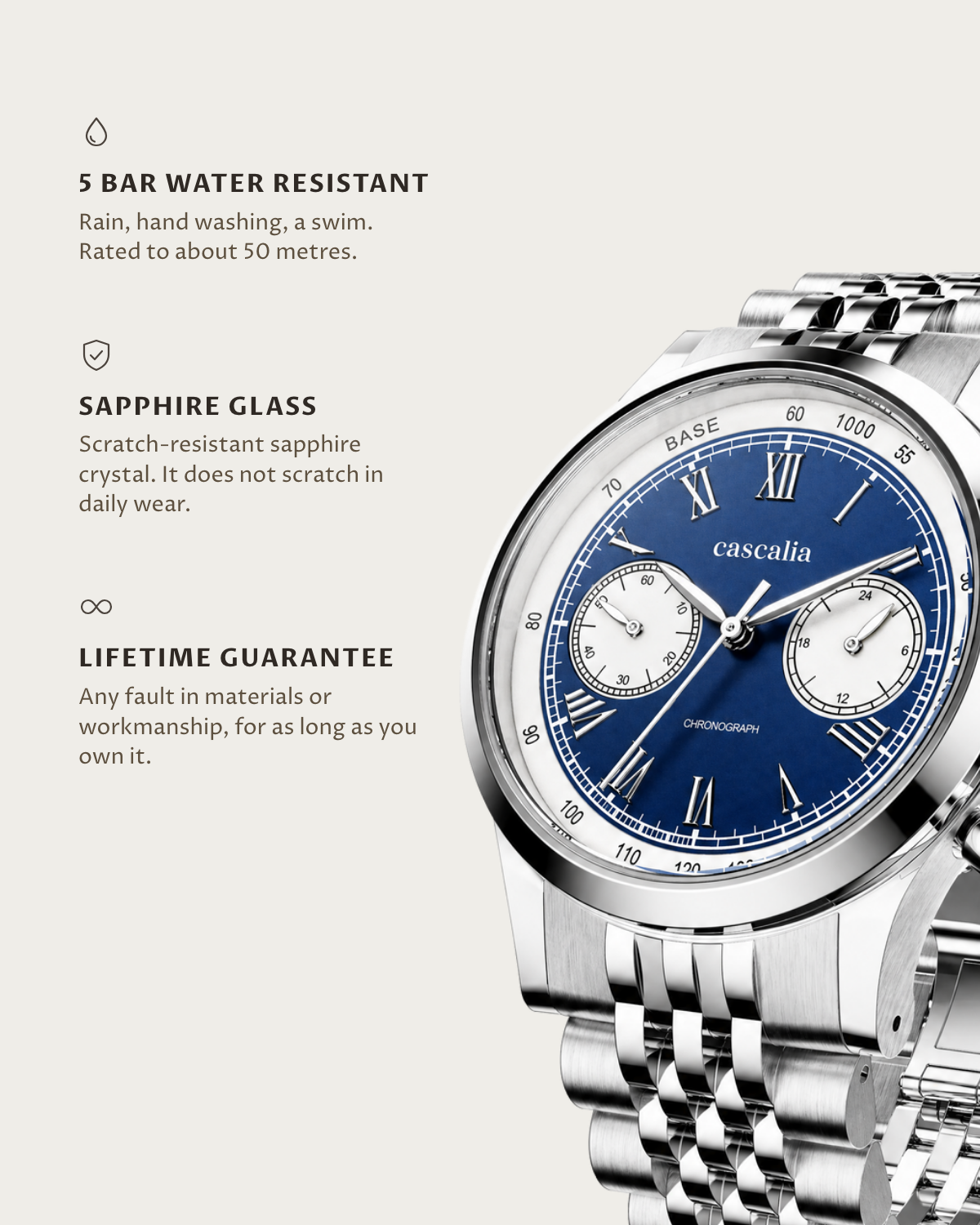 Velo Steel: 5 bar water resistant, sapphire glass, lifetime guarantee
