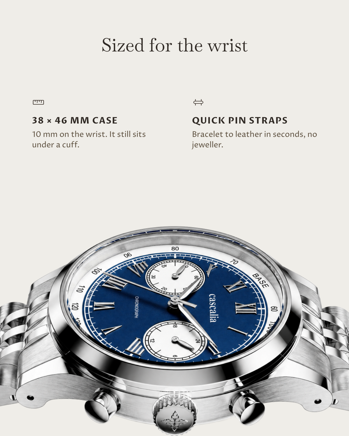 Velo Steel: 38 × 46 mm case, 10 mm thick