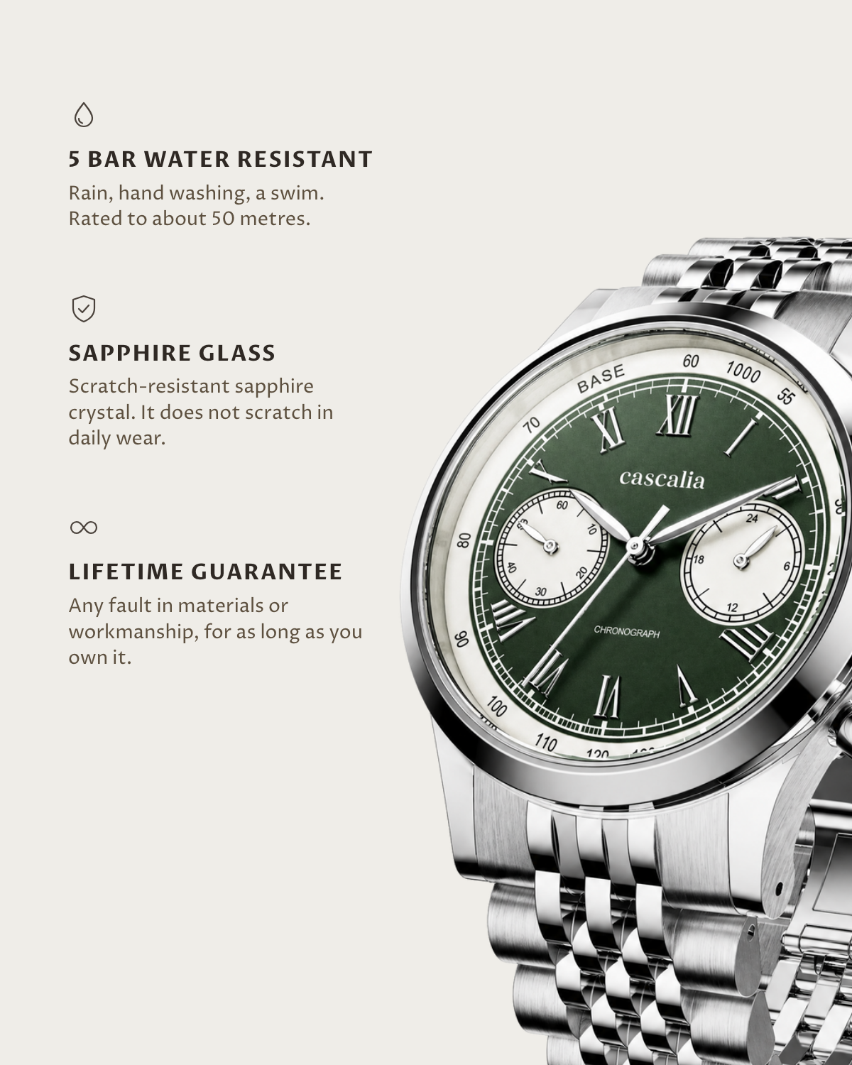 Velo Steel: 5 bar water resistant, sapphire glass, lifetime guarantee