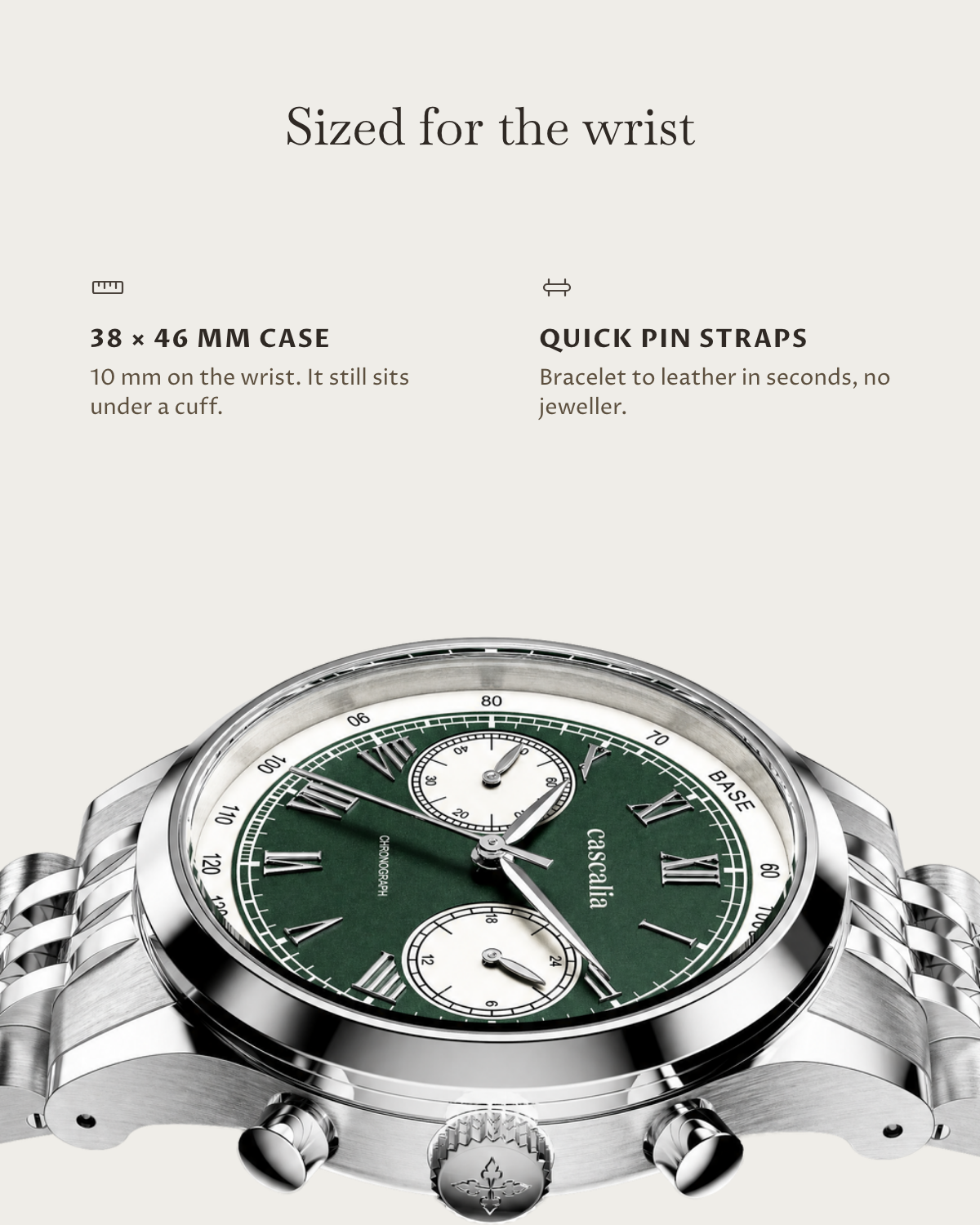 Velo Steel: 38 × 46 mm case, 10 mm thick