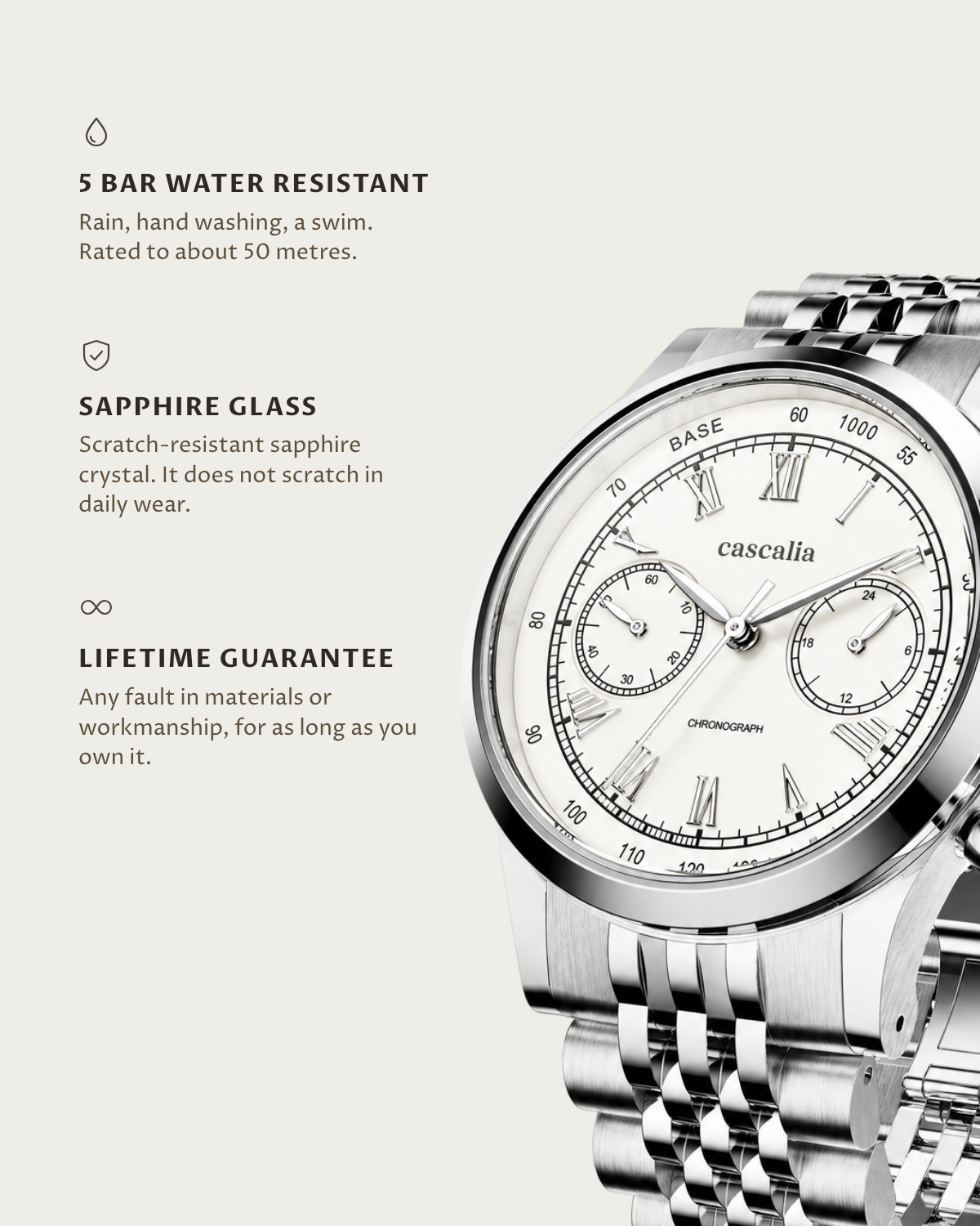 Velo Steel: 5 bar water resistant, sapphire glass, lifetime guarantee