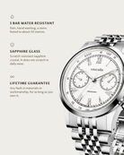 Velo Steel: 5 bar water resistant, sapphire glass, lifetime guarantee