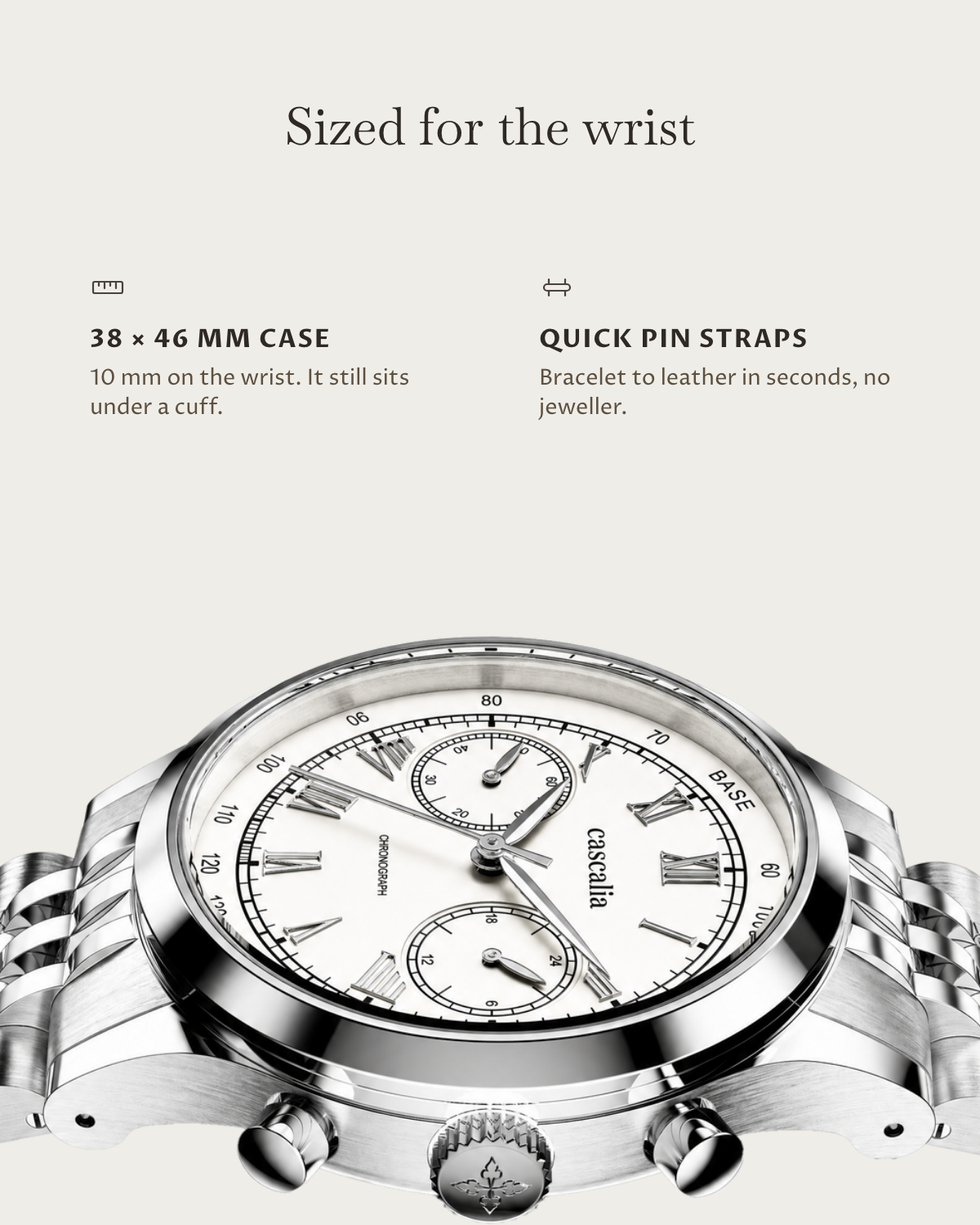 Velo Steel: 38 × 46 mm case, 10 mm thick