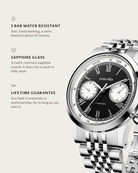 Velo Steel: 5 bar water resistant, sapphire glass, lifetime guarantee