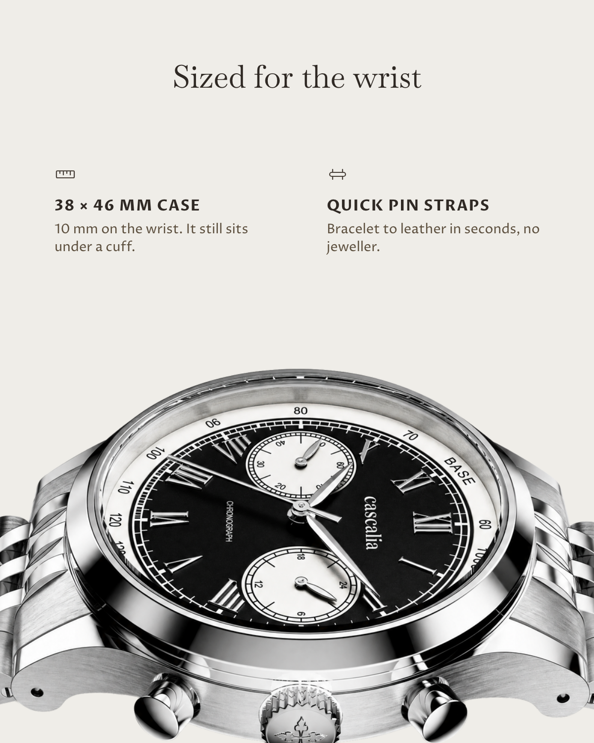 Velo Steel: 38 × 46 mm case, 10 mm thick
